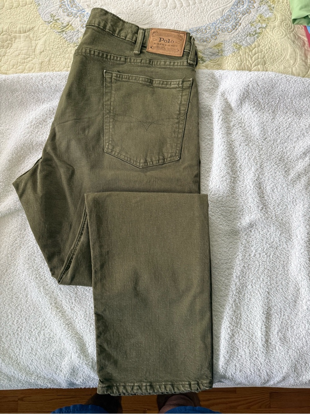 Ralph Lauren Olive Green Canvas Pants with Leather Logo Patch